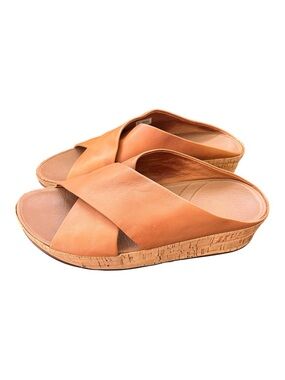 Fitflop Cognac Leather Crisscross Cork Platform Slide Sandals size 7